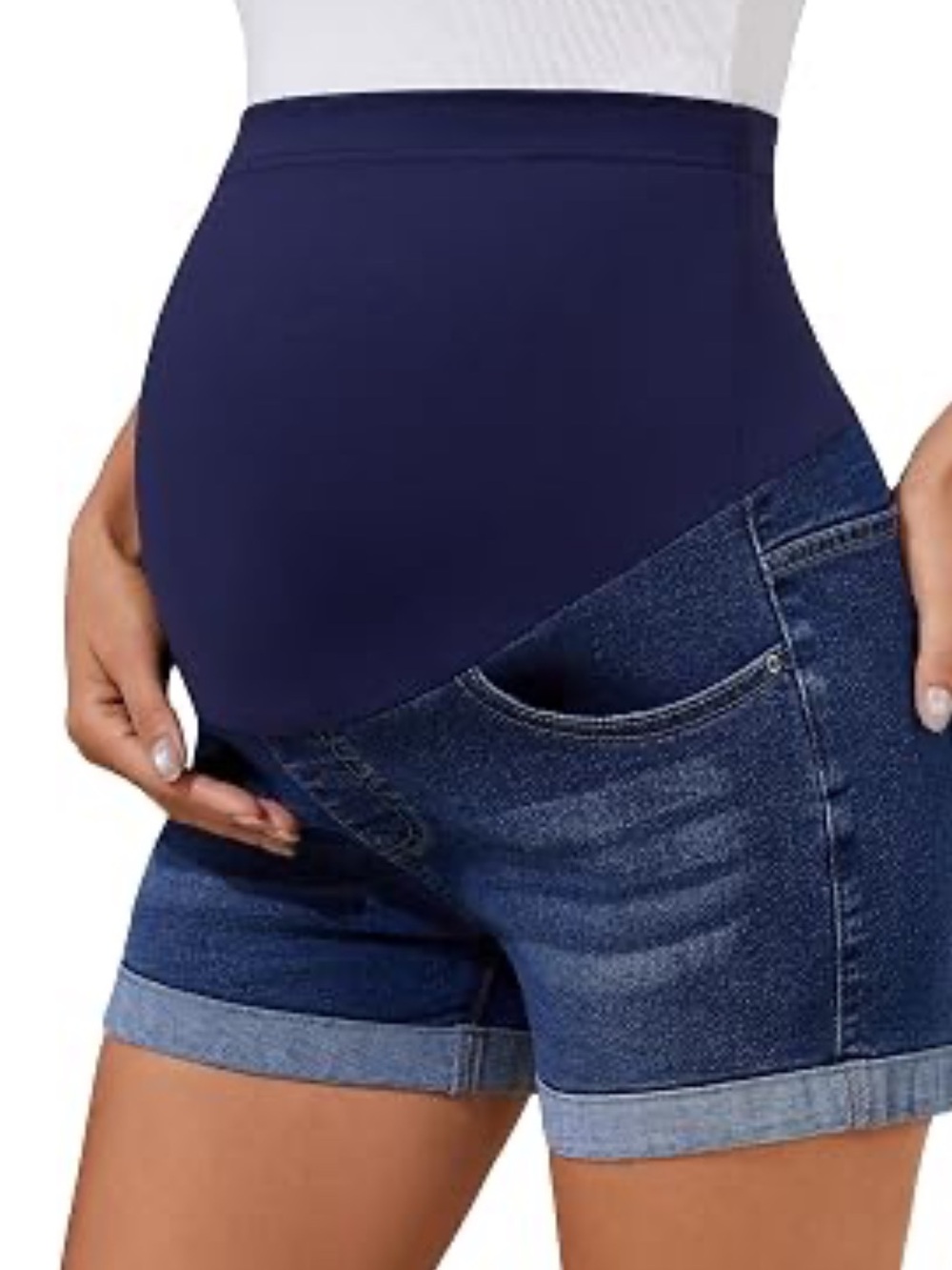 High-Waist Maternity Denim Shorts with Navy Support Panel